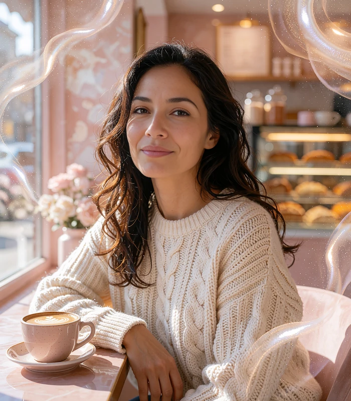 Dark-haired woman in a cable-knit sweater with a latte at a café window, example photo for coffee-date matches