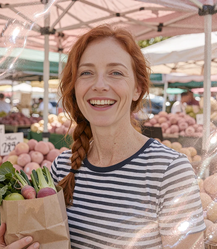 Red-haired woman with freckles holding fresh produce at a farmers market, a casual and genuine dating profile example