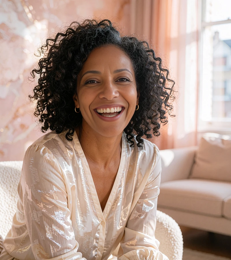 Laughing woman with natural curls in a cream blouse relaxing in a bright lounge, a friendly online dating profile look