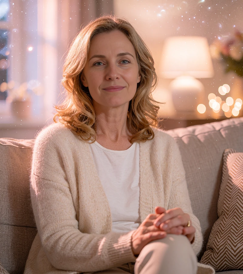 Honey-blonde woman in a cream cardigan smiling on a sofa at home, a warm and natural dating site profile picture