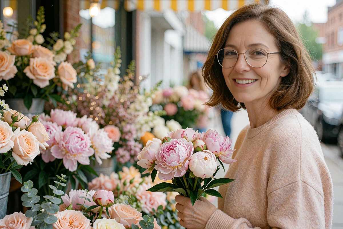 Woman with a chestnut bob and gold glasses holding peonies at a neighborhood flower stall, a local dating idea for meeting women
