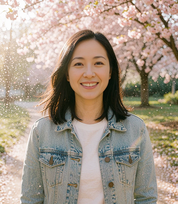 Woman with straight black hair in a denim jacket smiling on a blossom-lined park path, sample outdoorsy dating profile