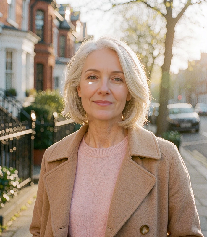 Confident woman around fifty with a silver-blonde bob in a camel trench on a city street, mature dating profile example