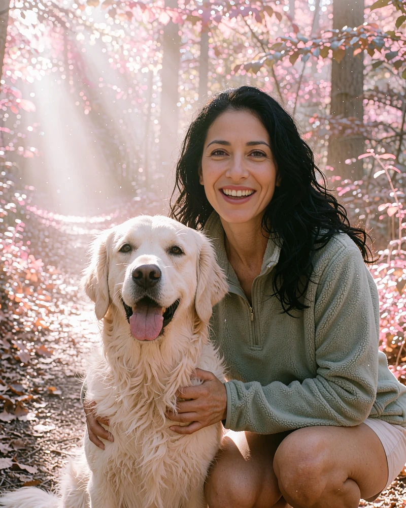 Smiling woman in a sage fleece crouching beside a golden retriever on a forest trail, an outdoorsy online dating profile photo
